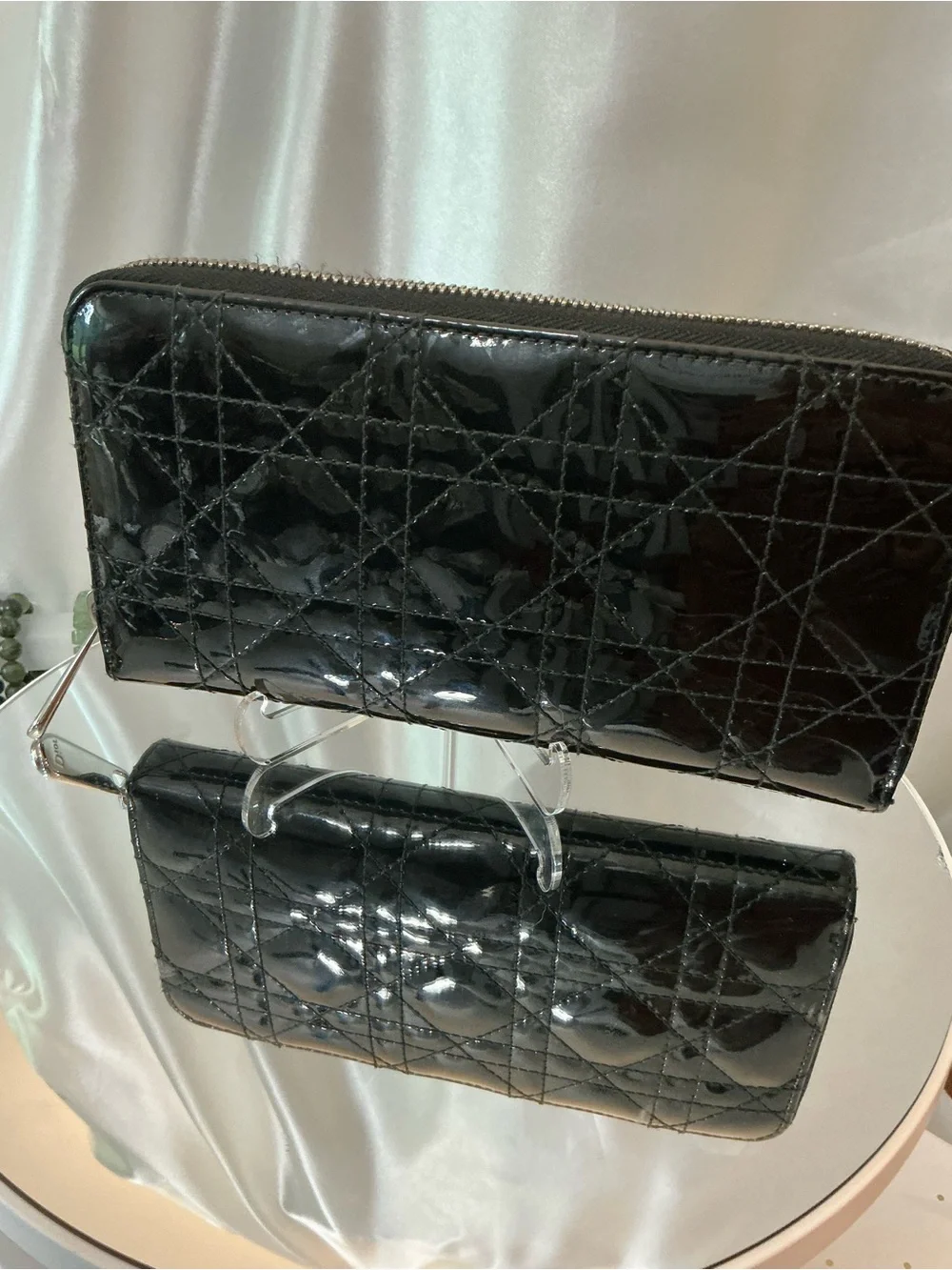 Dior Black Patent Quilted Zip-Around Wallet
